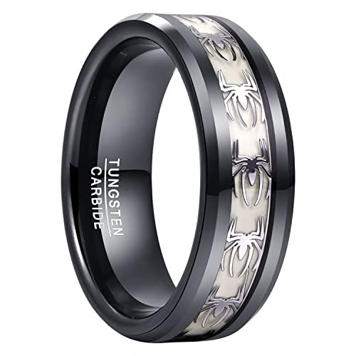 GALANI Wolfram Ring 8mm Ring Schwarz Herren mit Noctilluzent Spinne Wolframkarbid Ringe für Halloween Weihnachten Jubiläumsring Paarringe Tägliche Abnutzung Ring Schmuck Comfort Fit Größe 57(18.1)