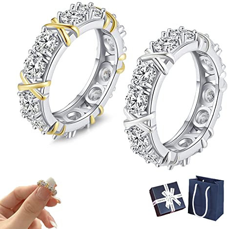 DINNIWIKL 925 Sterling Silver Cross Full Moissanite Diamond Ring, Magnetic Zircon Shaping Ring, Sterling Silver X Criss Cross Ring, JANSIO Threanic Triple-Spin Ring, Engagement Wedding Bands (2Pcs,9)