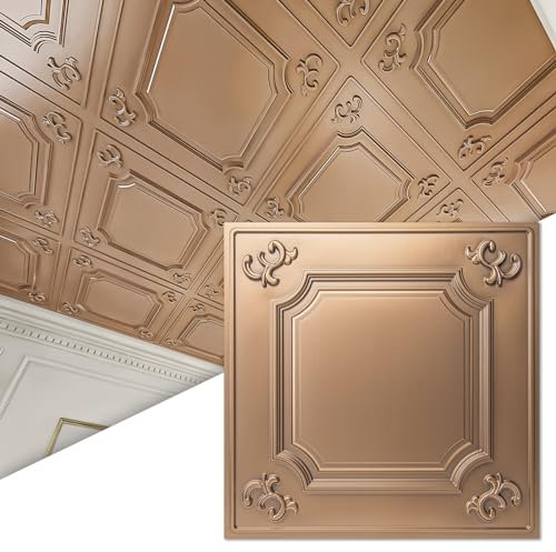Art3d Drop Ceiling Tiles 605mm x 605mm Fit in 600mm x 600mm (12-Pack, 48 Sq.ft), Bronze Plastic Acoustic Ceiling Tiles Wainscoting Ceiling Panels Glue Up