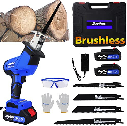 Brushless Reciprocating Saw Cordless Power Tool Kit with 4 Blades, 1900SPM Variable Speed Electric Sabre Saw 21V with 2x1.5Ah Batteries, Tool-Free Blade Change for Wood Tree Branches Tables PVC Metal