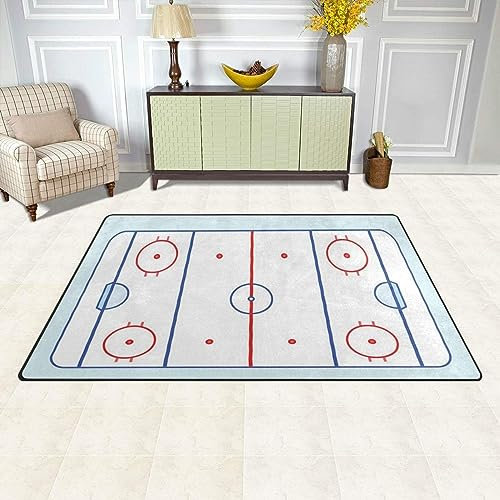 TEMLAN Eishockeybahn In Blautönen Und Rot Teppiche Gegend, Hockey-Sportveranstaltungen Kurzflor Waschbar für Küche und Balkon Dekor Schlafzimmer Wohnzimmer Bodenteppich 60 x 90cm