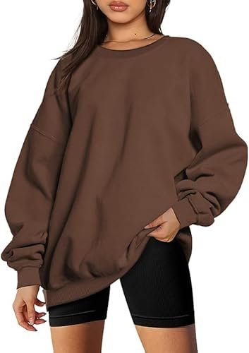 NEYOUQE Damen Pullover Longsleeve Solid Color Sweatshirt Winter Rundhals Fleece Gefüttert Soft Pulli Herbst Braun XL