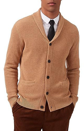 Kallspin Herren Wollschal-Kragen Strickjacke mit Knöpfen und Taschen(Khaki, L)