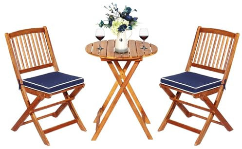 COSTWAY 3tlg. Balkonmöbel Set, Bistrotisch mit 2 Stühlen, klappbares Balkonset aus Akazienholz mit 2 Kissen, Bistroset, Gartengarnitur, Gartenmöbel, Sitzgarnitur, Sitzgruppe für Garten, Balkon (Blau)