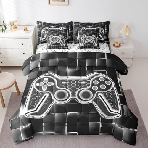 Feelyou Kids Gamer Full Comforter Set with Sheets 7 Piece Grey and Black Bedding Set for Boys Teens Decor Gaming Ombre Bed in a Bag Geometric Square Bed Set