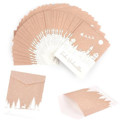 60 Stück Klein Geschenktüten Weihnachten, 9x11.5cm Papiertüten, Mini Kraftpapier Tütchen, Weihnachtstüten für Weihnachtsfeier, DIY