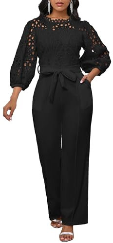 IWFEV Women's Jumpsuit Puff Sleeve Lace Jumpsuit Mid-Calf Short Sleeve Hollow Party Evening Romper with Pockets XXL Black