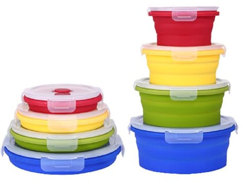 RoseFlower Bol Pliable Camping, 4PCS Conteneur Alimentaire en Silicone Portable, Empilable Saladier avec Couvercle, Saladier Pliable Vaisselle Camping pour Le Camping, la Randonnée - Rond