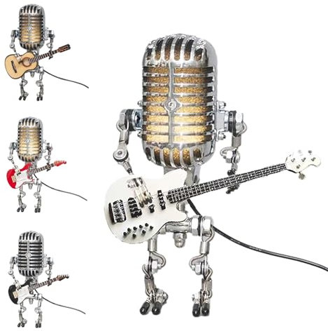 RZHONGM Vueeze Mic Rockbot Microphone Light Guitar, Vintage Microphone Light Microphone Light, Vintage Metal Microphone Robot with Guitar Light Lamp(White)
