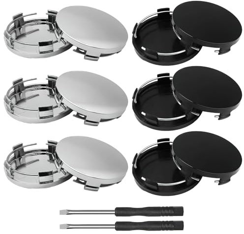 VEGCOO 12 Stück Radnabenkappen 60mm, 6 Stück Schwarz Nabendeckel + 6 Stück Silber Radnabenabdeckung mit 1 Schraubendreher, Felgenkappen Universal Nabenkappen ABS Felgendeckel für die Meisten Autos