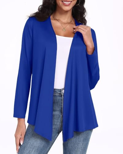 PrinStory Ladies Cardigans V Neck Irregular Hem Design Top Lightweight Long Sleeve Open Front Cardigan Elegant Casual Cardigans For Spring Autumn (Royal Blue,XL)