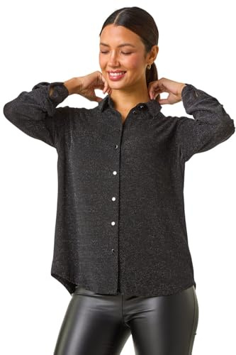 Roman Originals Shirt for Women Ladies Cotton Blouse Button Through Tunic Printed Top Work Long Sleeve Smart Casual Going Out Work Office V Neck Everyday Evening Event - Silver Noir - Size 20