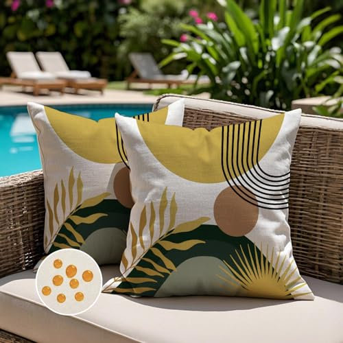Jayusaror Outdoor Kissenbezug 40x40 Wetterfest Gelb Grün Sofakissen Kissenhülle Boho Modern Minimalistisch Geometrische Tropische Blätter Sommer Kissen Kissenbezüge für Sofa Garten Deko 2er Set