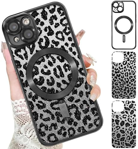 Xylota Magnetische Handyhülle für iPhone 15 Plus 6,7 Hülle mit 2 x Glitzer Karton, Aesthetic Leopard Muster Mädchen Case, Compatibel mit MagSafe, Weich Silikon Dünn TPU Stoßfeste Schutzhülle, Schwarz