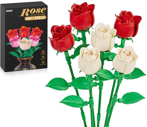 EWED Rose Flower Bouquet Building Set 6-Pack, Thanksgiving Christmas Mother's Day or Valentine's Gifts Ideal for Women Girls Wife, Roses Toy Building Set Home Decor, Red & White