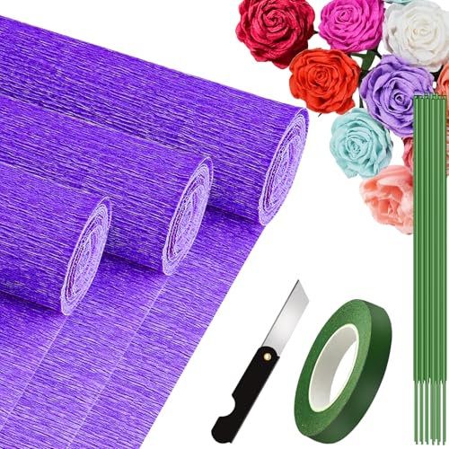 3 Rolls Krepppapier Lila 25x250cm, Krepppapier Rollen, Nicht Abfärbende Farben, Krepppapier Bunt für DIY Blumen Kunsthandwerk, Geburtstagsfeier, Hochzeit, Festival Ornament (Lila)