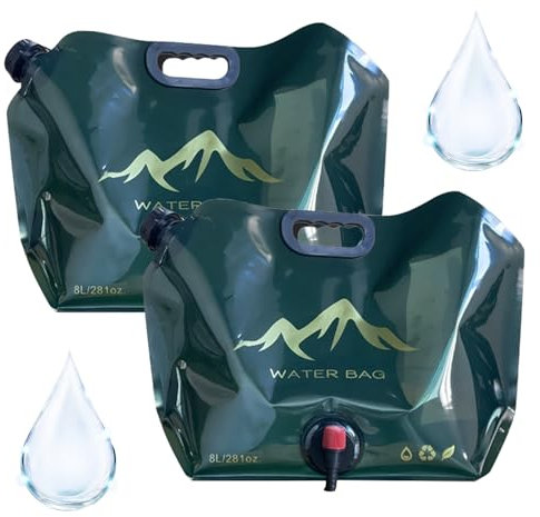 Valicaer 2 Stück Faltbarer Wasserkanister 8L mit Hahn, Tragbarer Wassersack für Camping, Wandern und Trinkwasser Lagerung zu Hause,BPA Frei (Grün)