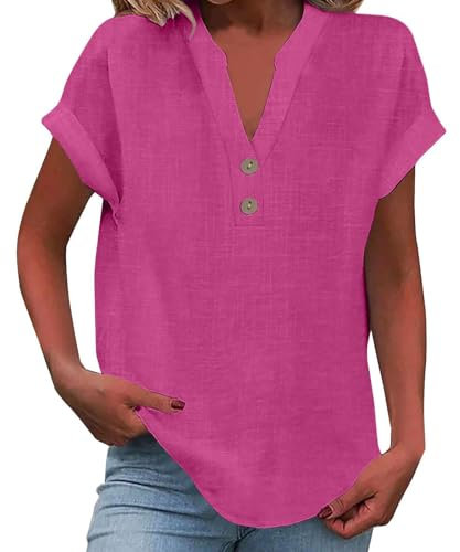 SCBFDI T-Shirts à Manches Courtes Femme Col en V Ete Décontracté Couleur Unie Haut Respirant Grande Taille Polyvalente Ample Élégante Chemise Pas Cher, T Shirt Noir Femme Rose 4XL