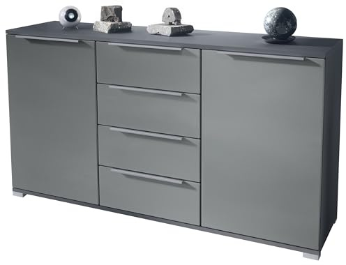 Vladon Sideboard Linio V1, Anrichte mit 2 Türen und 4 Schubladen, Anthrazit matt/Graphit Seidenmatt (138,5 x 75,5 x 35 cm)