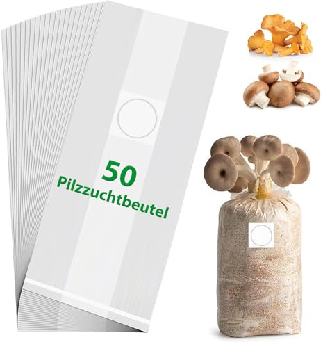 Zevmi 50 Stück Pilzzucht Beutel - 50 transparente Filterbeutel 18 x 35 cm | Anzuchtbeutel für Champignons, Enoki, Shiitake, Austernpilze und Getreide