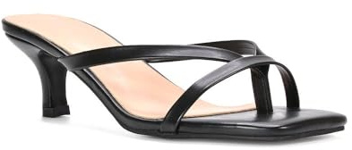 ESSEX GLAM Women's Slip On Kitten Low Heel Sandals Ladies Black Synthetic Leather Open Square Toe Post Strappy Mule Size 3