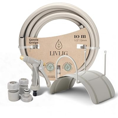 Gartenschlauch Set 10 m, 1/2 Zoll Wasserschlauch mit Wandhalterung & Sprühpistole (3 Sprühfunktionen), Bewässerungsschlauch inkl. Kupplungen, Farbe: Greige