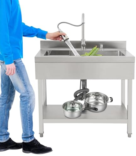 Fregadero de cocina independiente de acero inoxidable, 90 x 60 x 90 cm, fregadero individual extragrande, fregadero comercial con grifo extraíble y escurridor para lavandería, restaurantes (plata)