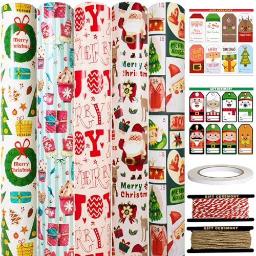 HaloCasa Geschenkpapier Weihnachten Set - 5 Rollen weißes Recycling-Kraftpapier (43cm x 3m) mit Geschenkanhängern & Juteband - für Adventskalender, Geschenkverpackung & Basteln