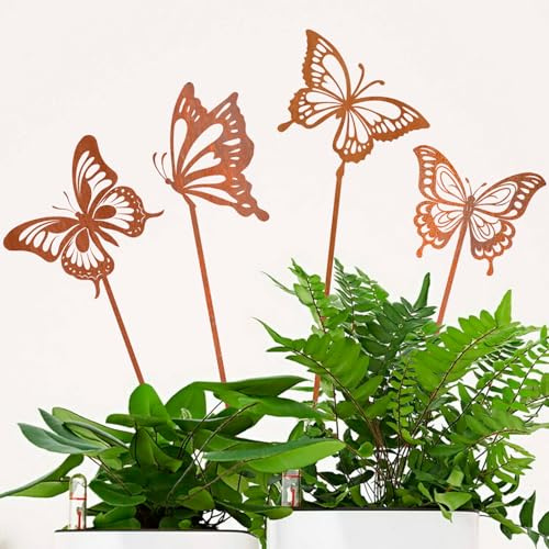 4er Set Gartenstecker Schmetterlinge Deko Rost - Gartenstecker Metall- Gartendeko Für Draußen Wetterfest - Gartendeko Rost, Blumenstecker Für Töpfe & Balkon Deko Wetterfest Frühling & Ostern ﻿