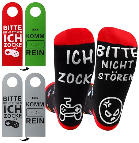 WALLFID 2er Gaming Türschild Set & Socken, Bitte nicht stören, ich zocke“ – Wendbares Türschild (Komm rein) + Gamer Socken, Gaming Zimmer Deko,Geschenk für Gamer, Jugendliche & Erwachsene