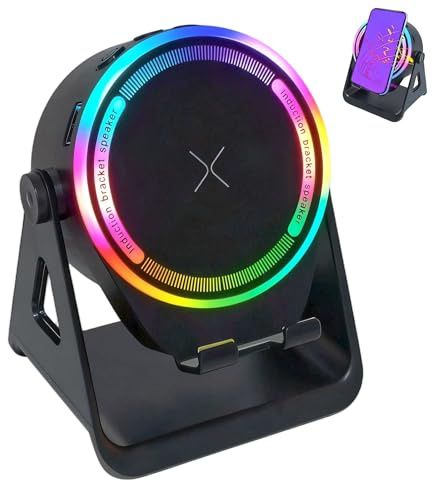BTFO Enceinte Bluetooth à Induction sans Fil, Rotation à 360° Support de Téléphone avec Capteur Bluetooth sans Fil Éclairage d'Ambiance RGB et Son Surround HD pour Téléphone