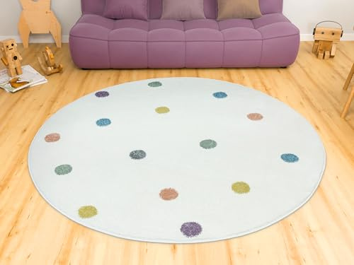 AKCILA Lima Runden Kinder Teppich Pastell Cremig 140 cm | Kinderteppich Mädchen | Kinderzimmer Kurzflor Teppiche| Kids Carpet |Spielteppich Kinder Babyzimmer Tepich |gepunktetes Muster |