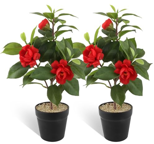 LEIMEND 2 Stück Kunstblumen im Topf Künstliche Kamelie Rot | Fake Blumen Camellia Japonica Seidenblumen wie echt für Frühlingsdeko Home Hotel Dekoration
