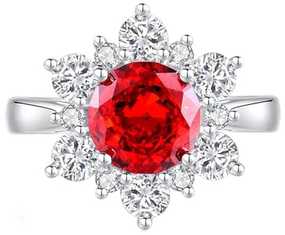 Ringe Verlobung, Promise Ring for Women Blume mit 2 Ct Rundem, Im Labor Hergestelltem Rubin und Moissanit 18K Weißgold Größe 53 (16.9)