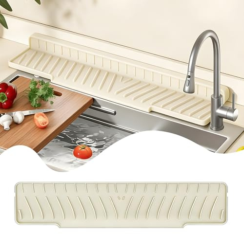 Linpr Silicone Faucet Splash Guard, Kitchen Sink Mat, Beige, 15.75 x 3.15 | Narrow Foldable Faucet Drain Mat, Draining Mat for Sink Protector, Bathroom Kitchen Sink Countertop Drain and Storage