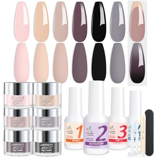 15 Pcs Dip Powder Nail Kit Neutral Tones Nude Pink Grey Black Coffee, French Nail Art, No UV Lamp Needed, Long Lasting Dipping Powder Liquid Set with Base & Top Coat, Activator, Brushes Saver 10