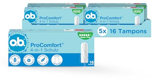 o.b. ProComfort super plus 4-in-1 Schutz Tampons, 5 x 16 Stk | Tampons mit extra sanfter Spitze für einfaches Einführen und bis zu 100% Auslaufschutz, ideal für Sport und Alltag