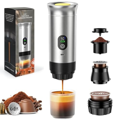 NICEWAT 3 in 1 Tragbare Espressomaschine12V, USB Kapsel Kaffeemaschine Akku Kaffeemaschine, Reisekaffeemaschine für Camping Reise Wohnmobil, für NS & DG Kapseln & Kaffeepulver