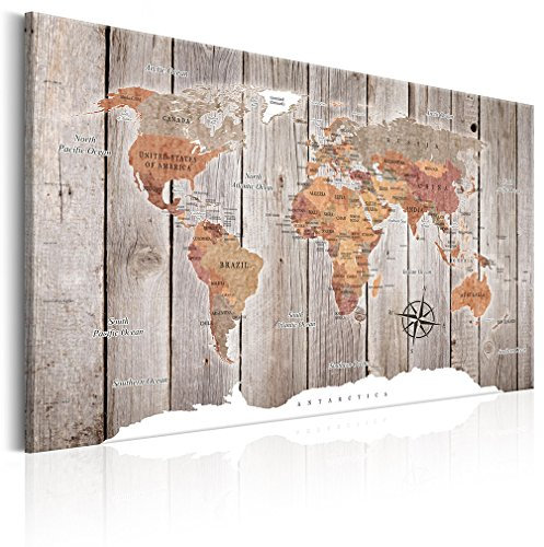 decomonkey | Weltkarte Pinnwand 120x80 cm Leinwand | Wandbilder Landkarte XXL Wanddeko Korktafel World Map Gross Europakarte Welt Bilder Aufhängferti Bilder Komplettbilder im Holzrahmen