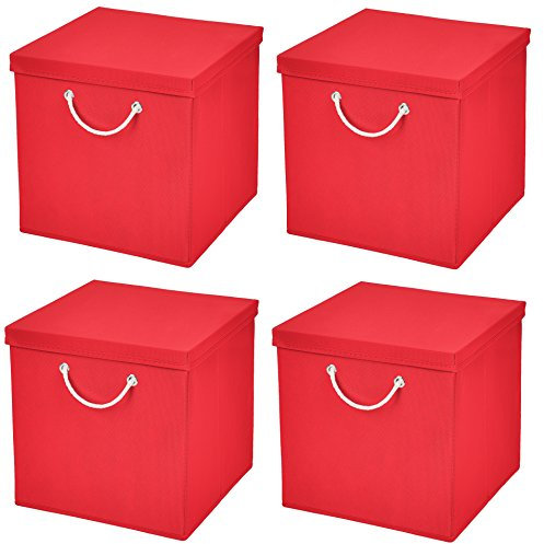 CM3 4 Stück Rot Faltbox 30 x 30 x 30 cm Aufbewahrungsbox faltbar mit Kordel und mit Deckel