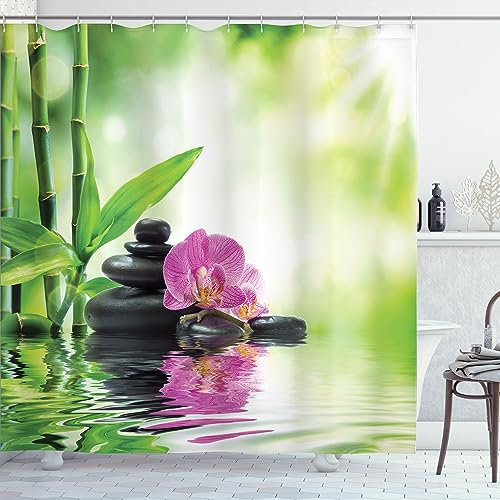 ABAKUHAUS Spa Duschvorhang, Orchideen Rock Wasser, Stoffliches Gewebe Badezimmerdekorationsset mit Haken, 175 x 200 cm, Grün Rosa