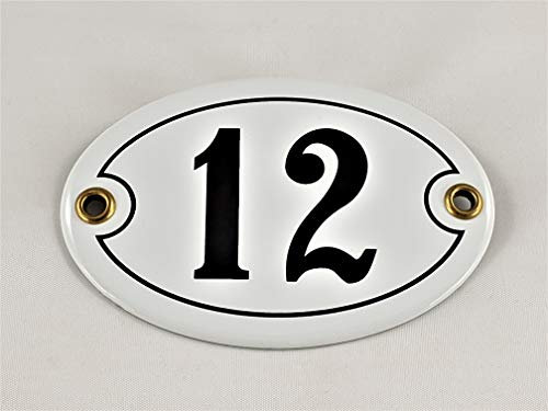 Emaille Hausnummer Schild Nr. 12, oval, Weiß-Schwarz mit Schrauben und Dübel Handarbeit