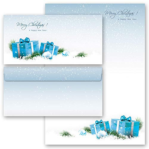 Briefpapier Sets Weihnachten, BLAUE WEIHNACHTSGESCHENKE 50 Blatt Briefpapier + 50 passende Briefumschläge DIN LANG ohne Fenster | Paper-Media
