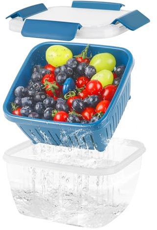 shopwithgreen Frischhaltedosen Schale mit Abtropfsieb,1.5 L Produce-Keeper,(17 * 17 * 10cm) Dose mit Abtropfsieb /50 oz | Transparent, Obst Box | 1 Stück Frischhaltebox Blau