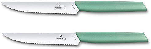 Victorinox Swiss Modern, Steak Knife Set, Set of 2, Extra Sharp Blade, Wavy Edge, 12 cm, Stainless Steel, Mint Green