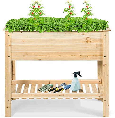 GOPLUS Orto Urbano Rialzato per Piante, Fioriera in Legno, Aiuola Rialzata Letto Giardinaggio, Lettino da Giardino Porta Piante da Esterno, con un Ripiano Espandibile, Naturale (92 x 41 x 81 cm)