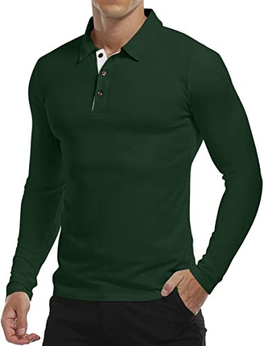 KUYIGO Men's Polo Shirt Long Sleeve Sports Shirts Tennis Golf Basic T-Shirt L Mori Green