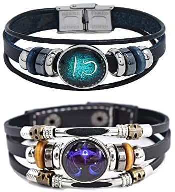 2Pcs Multilayer Constellation Zodiac Leather Bracelet Handmade Woven Zodiac Sign Wrap Bracelet Wristband for Women Men Jewelry Birthday Gift, Adjustable, 21cm (8.26') and 21.7cm (8.5'), Leather, no