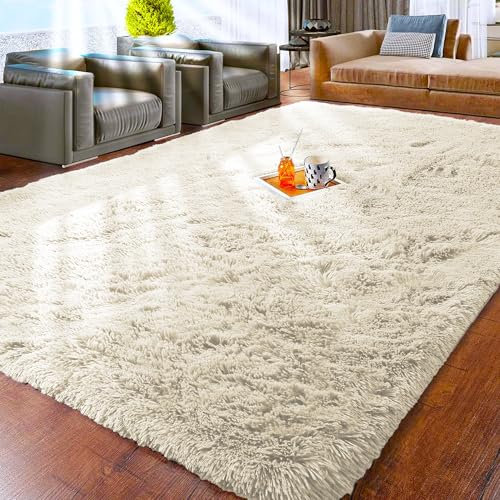 Aspire Homeware Grand tapis moelleux doux et moderne à poils longs en fausse fourrure pour chambre à coucher et salon - Crème - 120 x 170 cm