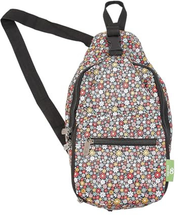ECO CHIC leichte faltbare Umhängetasche | Wasserabweisender Sling-Schulterrucksack für die tägliche Reise | Lässt sich zur Aufbewahrung in einen Beutel falten (Kleine Blumen Schwarz)